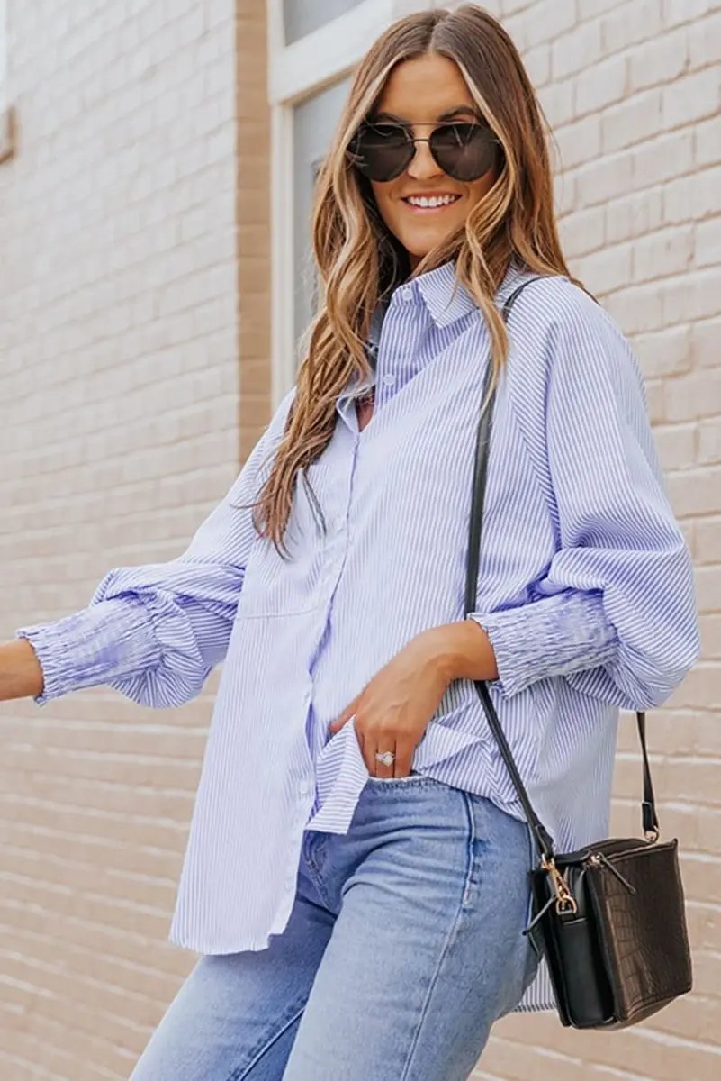 Sky Blue Smocked Cuffed Striped Boyfriend Shirt with Pocket - Love Salve